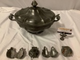6 pc. lot of antique Italian pewter: soup taurine w/ lid, 4x Braveti molds: pineapple, pear, apple,