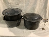 3 pc. Enamel broiler pots, 2 w/ lid, 1 with handle, approx 16 x 11 in.