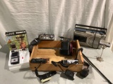 Vintage wood crate with collection of CB radios, Ranger transceiver w/ box, sold as is.