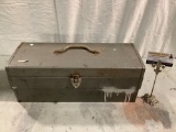 Vintage steel tool box w/ socket wrench tools, approx 19 x 7 x 7 in.