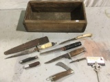 Antique wood crate w/ knife collection. See pics.