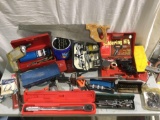 Lg. lot of shop tools; soldering kit, saw, clamps, drill bit collection and more.
