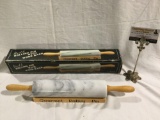 Vintage marble rolling pin with wood rack and original box.