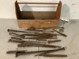 Antique wood tool rack w/ antique tools, files, chisels, 1 with wood handles.
