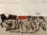 Lg. lot of vintage shop hand tools; compass, animal traps, wrenches, screwdrivers, drillbits, &