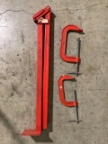 3 pc. Lot of SPEE CO t-post puller and 2 large c-clamps, approx 6 x 37 in.