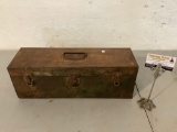 Rusty vintage tool box w/ socket wrenches, approx 19 x 6 x 6 in.