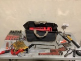 TuffDuck canvas tool bag w/ collection of hand tools: hammer, gloves, craftsman 5 pc. chisel set,