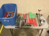 Tub w/ collection of shop tools; socket sets, tape measure, wrenches, screwdrivers, solar battery