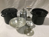 Vintage enameled pot w/ strainer / lid plus aluminum accessories.