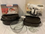 6 pc. lot of cooking equipment; 2 enamel broilers, Pyrex bowl, Rival Fold-Up Food Slicer, RangeWare