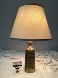 Vintage brass base lamp with shade, tested and working, approx 15 x 26 in.