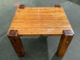 vintage wood table, shows wear/ wood damage, approx 29 x 27 x 19 in.