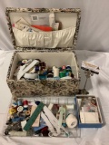Vintage sewing kit stuffed full of collection of thread, sewing equipment, buttons & more.