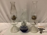 3 pc. vintage glass oil lamps w/ shades, approx. 17 x 5 in.