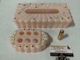 3 pc. lot of Menda Co. decorative plastic vanity set: tissue box, lipstick rack, lipstick tube
