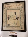 Framed antique Needlecraft magazine with cover artwork by Helen Grant, September, 1926, approx 11 x