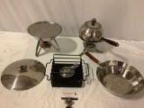 3 pc. lot of vintage chaffing dishes w/ burner stands, 2 with wood handle, approx 16 x 10 x 6 in.