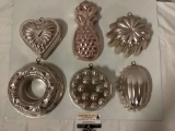 6 pc. lot of metal cake baking molds; pineapple, heart shape, approx 8 x 3 in. largest.