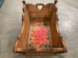 Vintage wood carved rocking baby cradle w/ hand painted floral artwork, approx 40 x 30 x 17 in