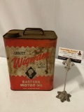 Vintage Wigwam - Eastern Motor Oil branded tin can w/ cap/handle, approx 8.5 x 5.5 x 12 in.