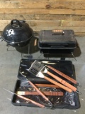 3 pc. propane BBQ / outdoor cooking lot: Vortex grill, utensils set in plastic case