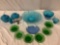 13 pc. lot of vintage/ modern blue/green colored glass tableware; green saucers, blue art glass