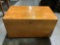 Antique wood rolling trunk w/ metal handles & shelf insert, approx 20 x 34 x 20 in.