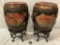 2 pc. set of vintage Asian wooden barrels w/ stands, lids, intricate carved figure art, see pics.