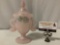 Vintage handpainted FENTON pink opalescent glass urn w/ lid, fish shaped handles, signed by D.