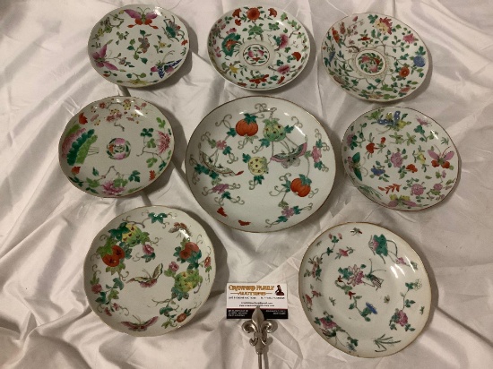 8 pc. lot of antique Chinese hand painted plates w/ butterfly, grasshopper, floral designs, see
