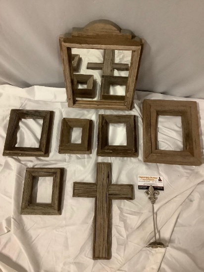 7 pc. lot of rustic wood decor from The Wooden Indian - New Mexico; picture frames, mirror, crucifix