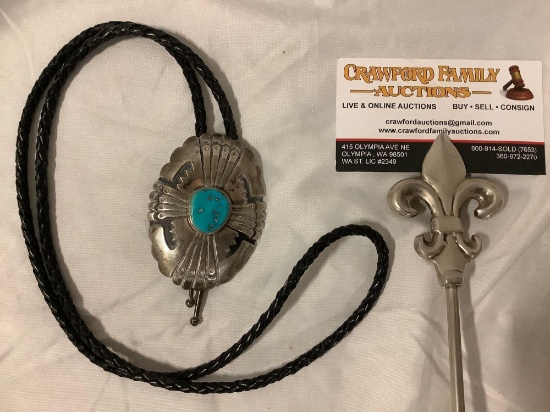 Vintage Bolo tie w/ silver buckle w/ turquoise stone.