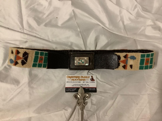 Vintage handmade leather belt w/ woven Native American style design, buckle w/ mother of