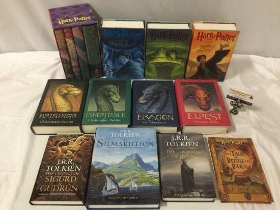 15 pc. lot of hardcover fantasy books: JK Rowling, Christopher Paolini w/ autographs, see pics.