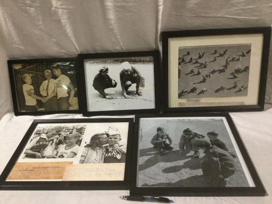 5 Original circa 40S ,50,S framed photographs kids/ people playing marbles / tournaments see pics