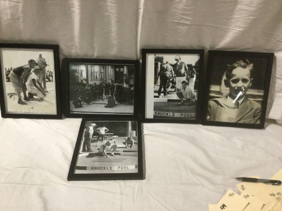 5 origianl circa 40S ,50,S framed photographs kids/ people playing marbles / or tournaments see pics