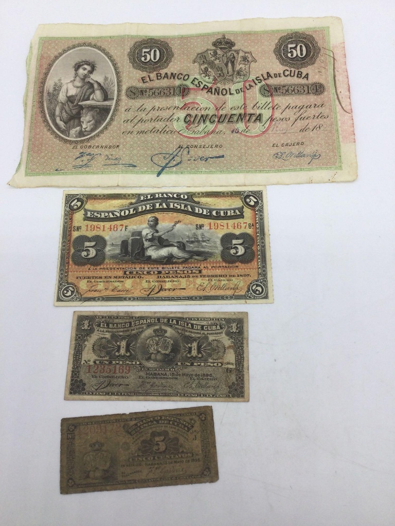 Rare set of Cuba banks notes 1896 large 50 pesos, 1897 5 pesos, 1896 1 peso  and 5 centavos | Online Auctions | Proxibid