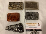 5 pc. lot if vintage belt buckles; redwood bur from California, 1978 locomotive, bowling +