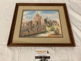 Framed original watercolor painting replica of old Fort Bliss, Texas, signed by artist