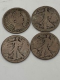 4 x silver half dollars 1915-s barber/ 3x walking liberty 2x1917, 1935-s