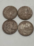 4x silver Franklin half dollars 52-S/ 53/ 54-D/ 62-D