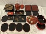 Large lot of Japanese enameled tiffins, food containers, trays, plates, and more.