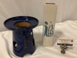 2 pc. lot of Asian ceramic pottery pieces; tall flower vase, candleholder, approx 7 x 8 in.