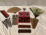 Lg lot of Asian wooden elephant design carved chopsticks, turtle chopsticks box, hand fans +