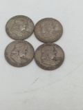 4x silver Franklin half dollars/ 1958-P and D/ 54/ 63-D