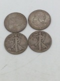 4 x silver half dollars 2 walking liberty 1942/ 45/ 2 Franklins 63-D/ 58-D