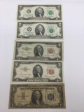 5x US 2 dollar bills , 2 x 1976, 2 x 1953 red seal one is rare star note , 1934 1 silver cert