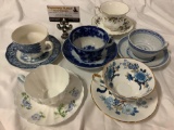 6 vintage fine bone china cup & saucer sets; Royal Albert - Blue Jay, Shelley - Blue Poppy,