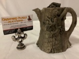 handmade ceramic tea pot w/ haunting tree stump design, lid & handle, approx 5 x 6 in.